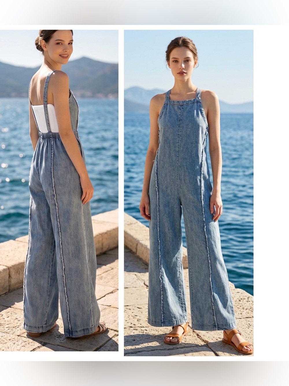 ee:some Women Sz L frayed hems Blue Wide-Leg Jumpsuit Overalls Tencel denim look